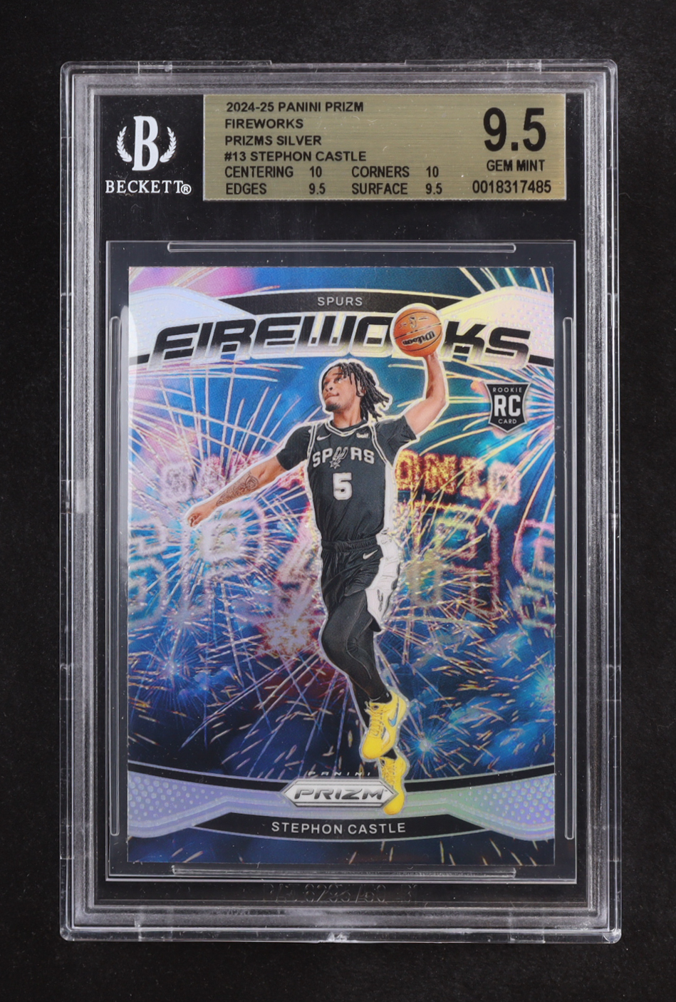 Stephon Castle 2024-25 Panini Prizm Fireworks Prizms Silver #13 RC (BGS 9.5) at PristineAuction.com Stephon Castle 2024-25 Panini Prizm Fireworks Prizms Silver #13 RC (BGS 9.5) at PristineAuction.com