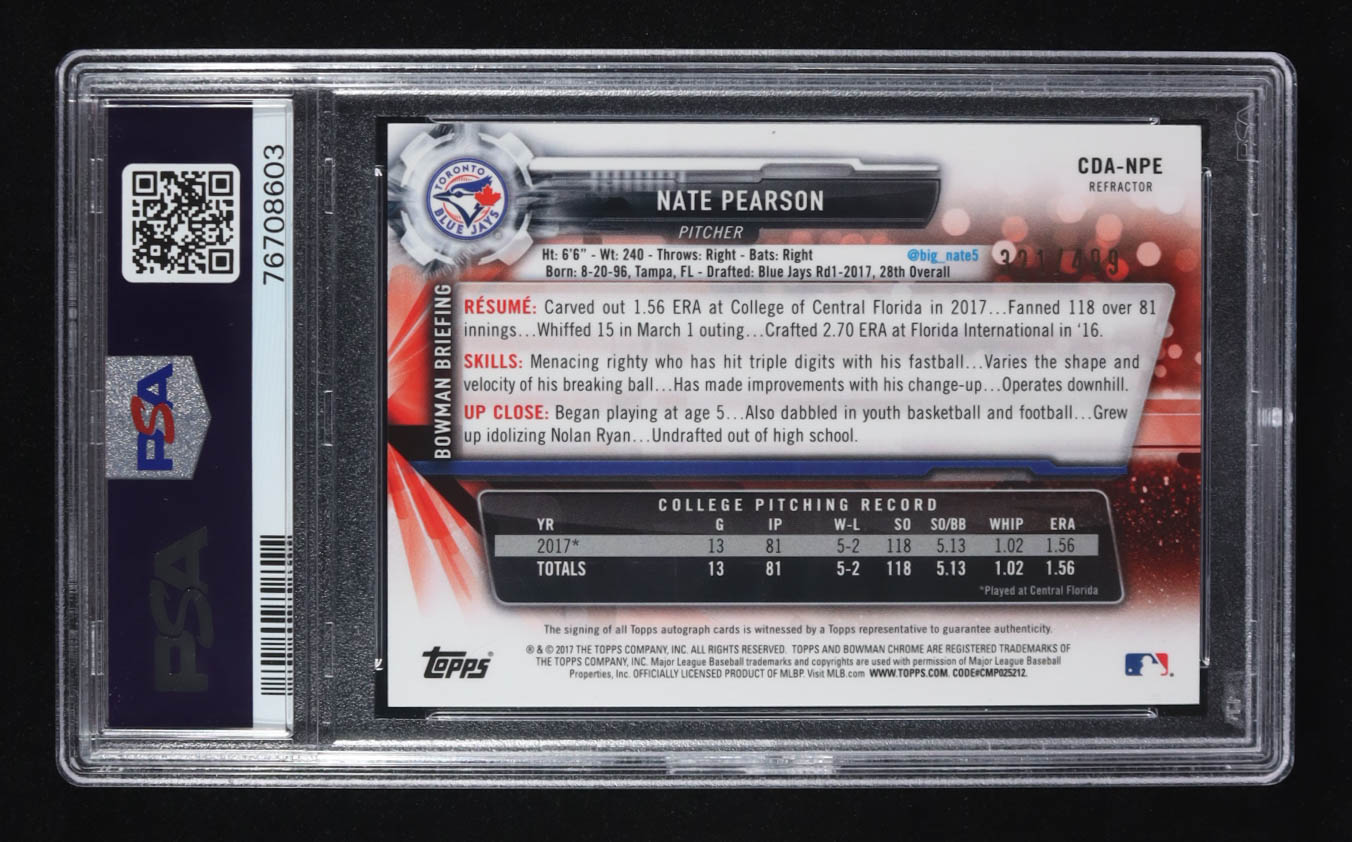 Nate Pearson 2017 Bowman Chrome Draft Autographs Refractors #CDANPE #321/499 RC (PSA 9) at PristineAuction.com Nate Pearson 2017 Bowman Chrome Draft Autographs Refractors #CDANPE #321/499 RC (PSA 9) at PristineAuction.com