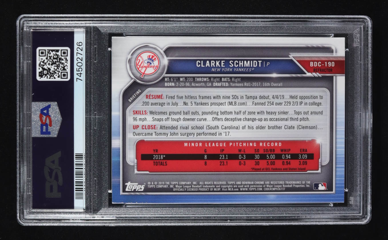 Clarke Schmidt 2019 Bowman Chrome Draft Refractor #BDC190 RC (PSA 10) at PristineAuction.com Clarke Schmidt 2019 Bowman Chrome Draft Refractor #BDC190 RC (PSA 10) at PristineAuction.com