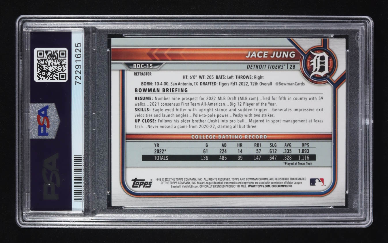 Jace Jung 2022 Bowman Chrome Draft Refractor #BDC15 RC (PSA 10) at PristineAuction.com Jace Jung 2022 Bowman Chrome Draft Refractor #BDC15 RC (PSA 10) at PristineAuction.com
