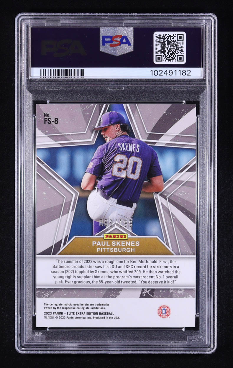 Paul Skenes 2023 Elite Extra Edition Future Star Status Blue #FS8 #66/199 RC (PSA 10) at PristineAuction.com Paul Skenes 2023 Elite Extra Edition Future Star Status Blue #FS8 #66/199 RC (PSA 10) at PristineAuction.com