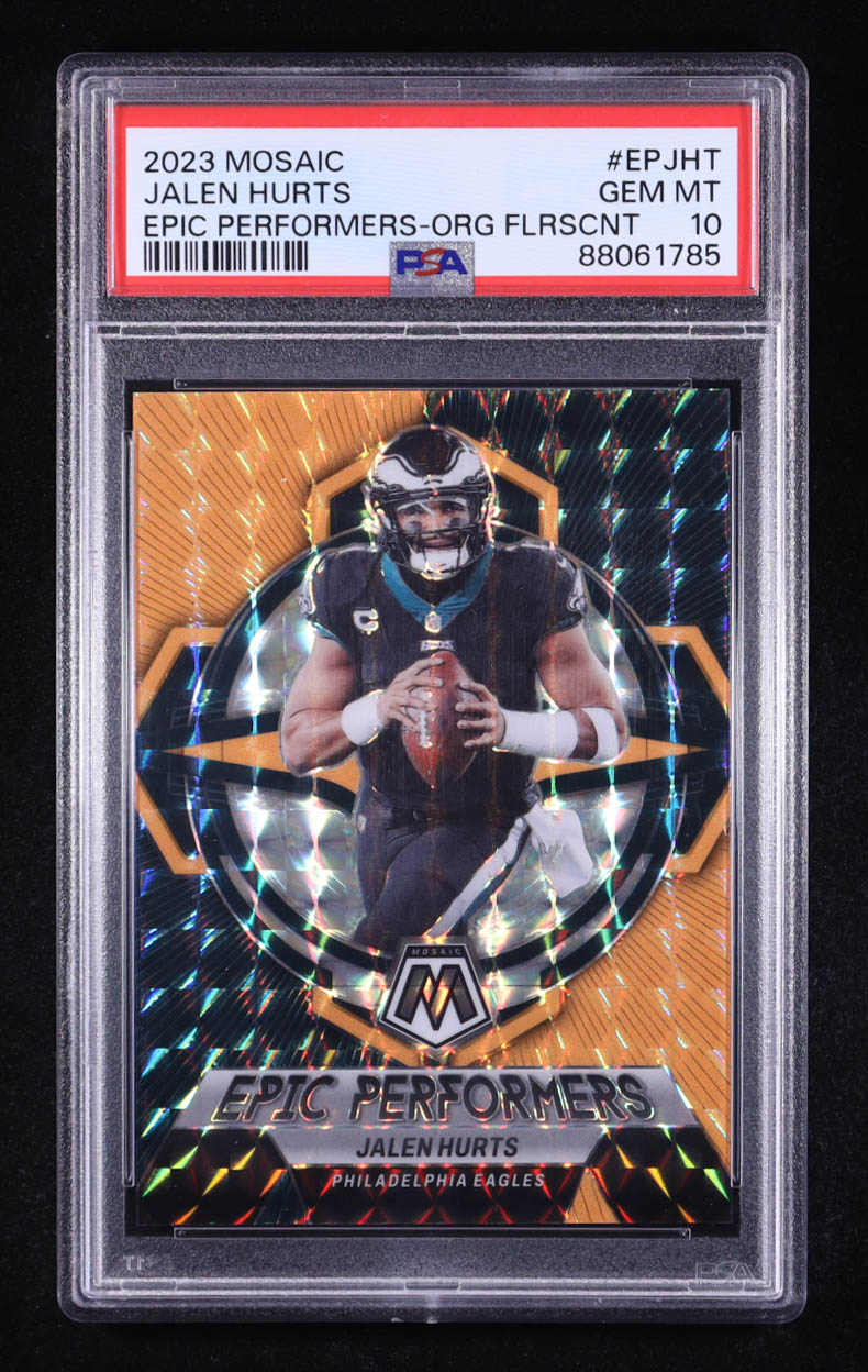 Jalen Hurts 2023 Mosaic Epic Performers Orange Fluorescent #EPJHT #21/25 (PSA 10) at PristineAuction.com Jalen Hurts 2023 Mosaic Epic Performers Orange Fluorescent #EPJHT #21/25 (PSA 10) at PristineAuction.com
