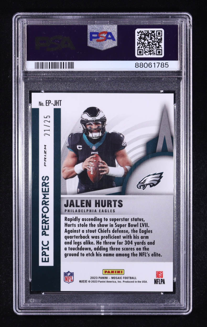 Jalen Hurts 2023 Mosaic Epic Performers Orange Fluorescent #EPJHT #21/25 (PSA 10) at PristineAuction.com Jalen Hurts 2023 Mosaic Epic Performers Orange Fluorescent #EPJHT #21/25 (PSA 10) at PristineAuction.com