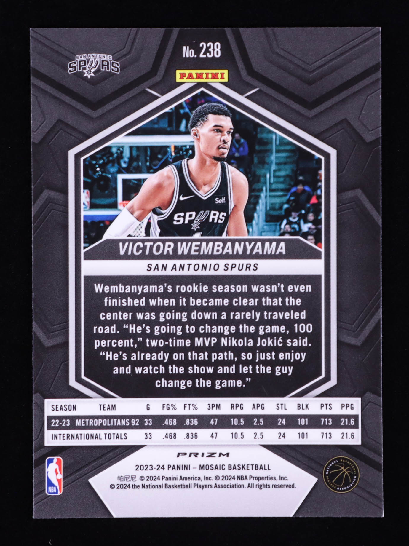 Victor Wembanyama 2023-24 Panini Mosaic Mosaic International #238 RC at PristineAuction.com Victor Wembanyama 2023-24 Panini Mosaic Mosaic International #238 RC at PristineAuction.com