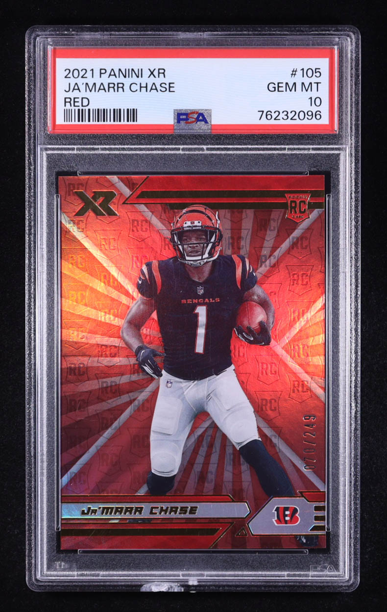 Ja'Marr Chase 2021 Panini XR Red #105 RC #70/249 (PSA 10) at PristineAuction.com Ja'Marr Chase 2021 Panini XR Red #105 RC #70/249 (PSA 10) at PristineAuction.com