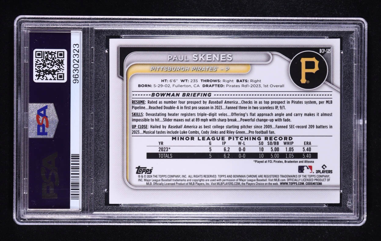 Paul Skenes 2024 Bowman Chrome Prospects Mega Box Blue #BCP125 RC (PSA 10) at PristineAuction.com Paul Skenes 2024 Bowman Chrome Prospects Mega Box Blue #BCP125 RC (PSA 10) at PristineAuction.com