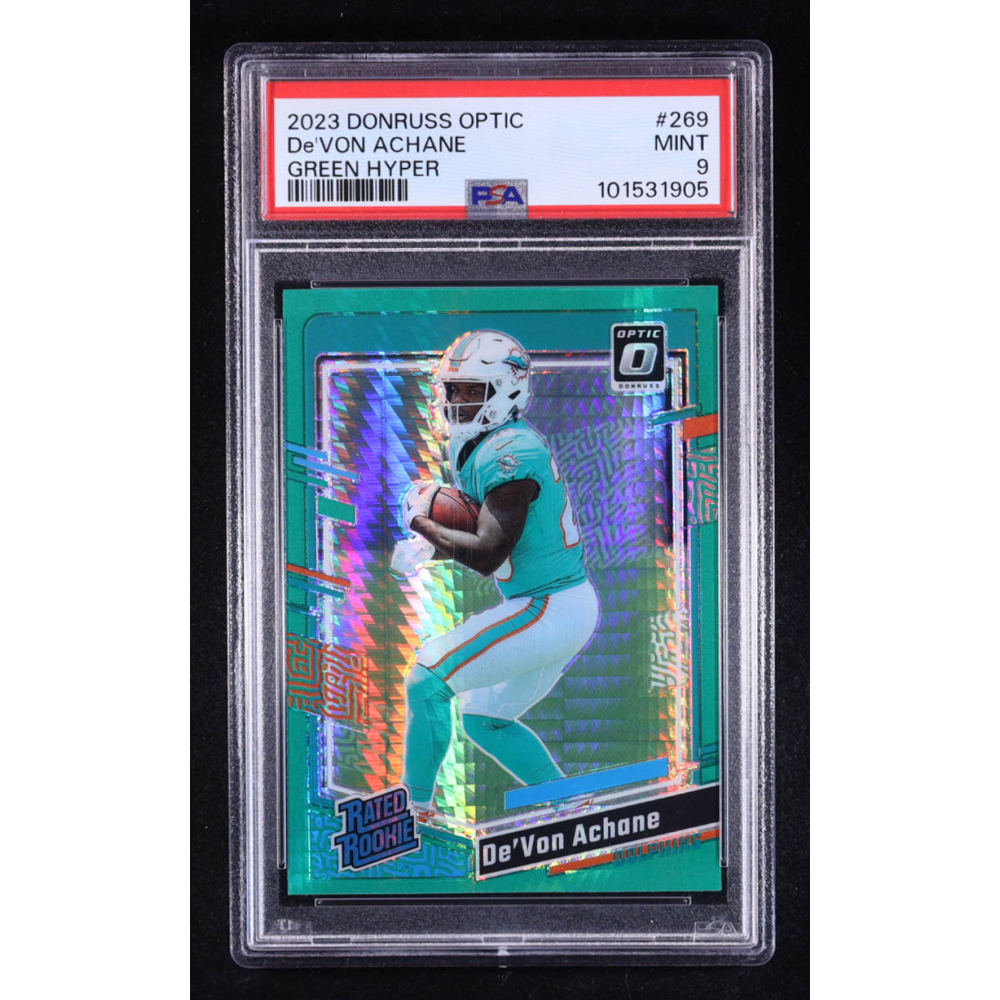 De'Von Achane 2023 Donruss Optic Green Hyper #269 RR RC (PSA 9) at PristineAuction.com