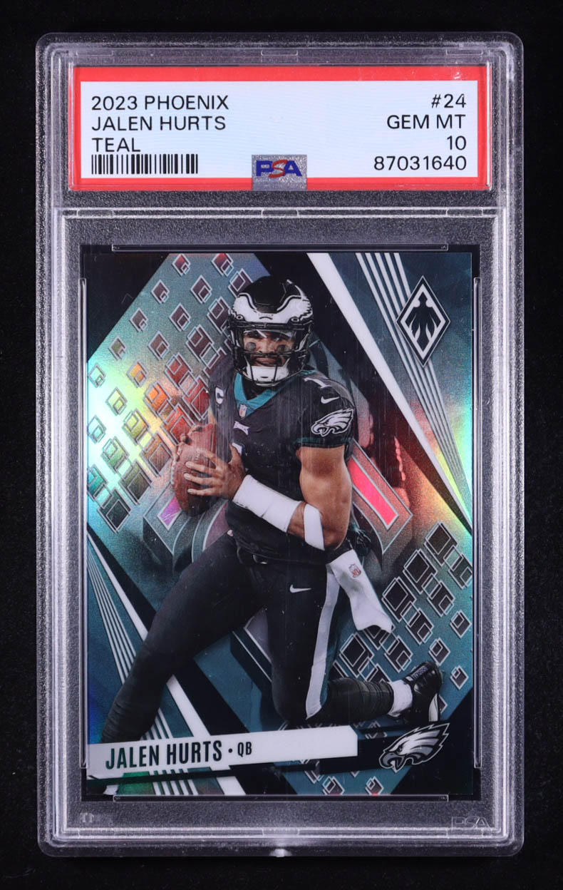 Jalen Hurts 2023 Panini Phoenix Teal #24 #88/125 (PSA 10) at PristineAuction.com Jalen Hurts 2023 Panini Phoenix Teal #24 #88/125 (PSA 10) at PristineAuction.com