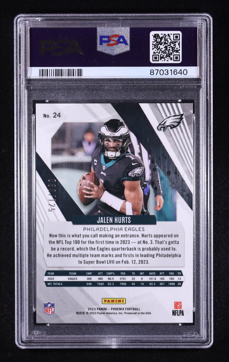 Jalen Hurts 2023 Panini Phoenix Teal #24 #88/125 (PSA 10) at PristineAuction.com Jalen Hurts 2023 Panini Phoenix Teal #24 #88/125 (PSA 10) at PristineAuction.com