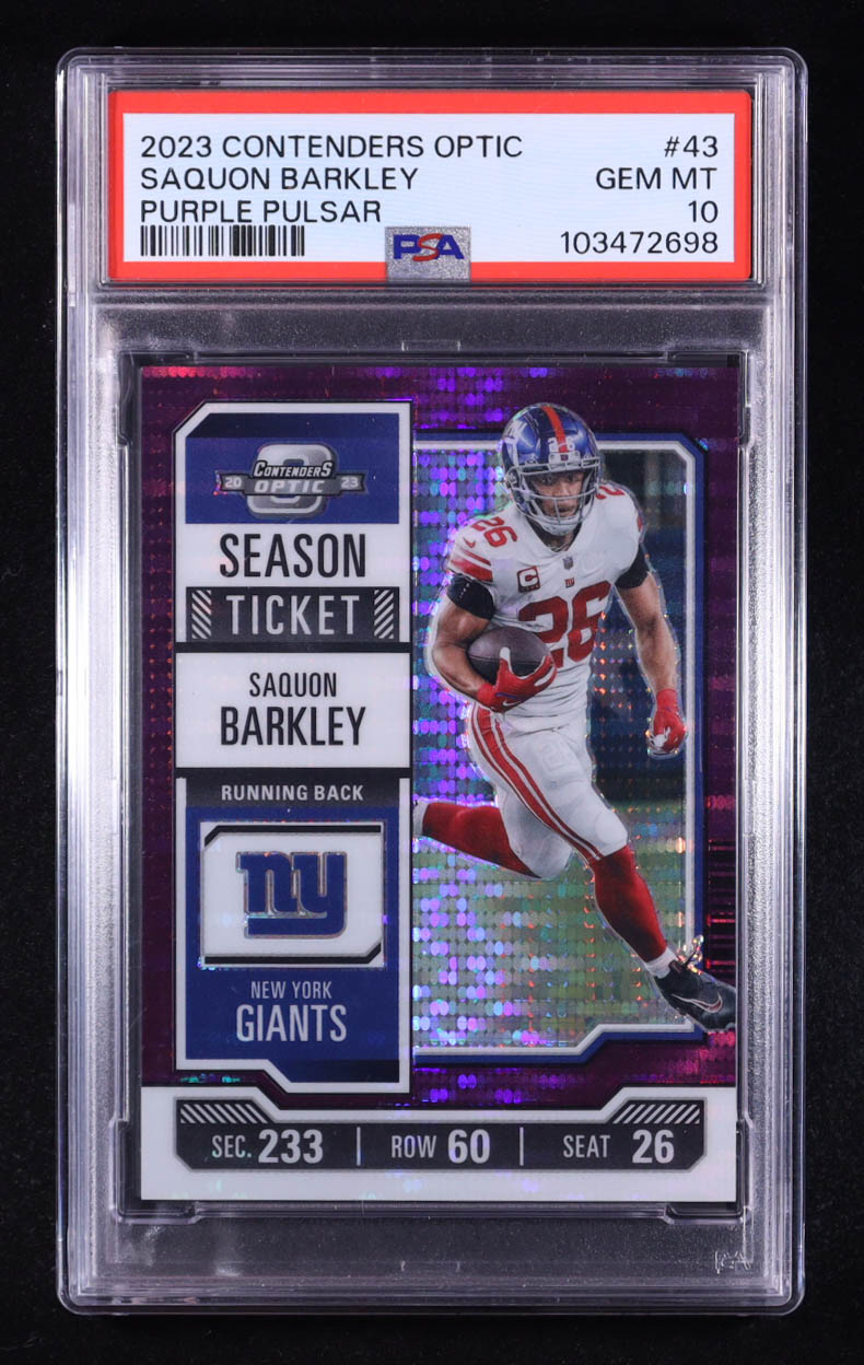 Saquon Barkley 2023 Contenders Optic Purple Pulsar #43 #15/26 (PSA 10) at PristineAuction.com Saquon Barkley 2023 Contenders Optic Purple Pulsar #43 #15/26 (PSA 10) at PristineAuction.com