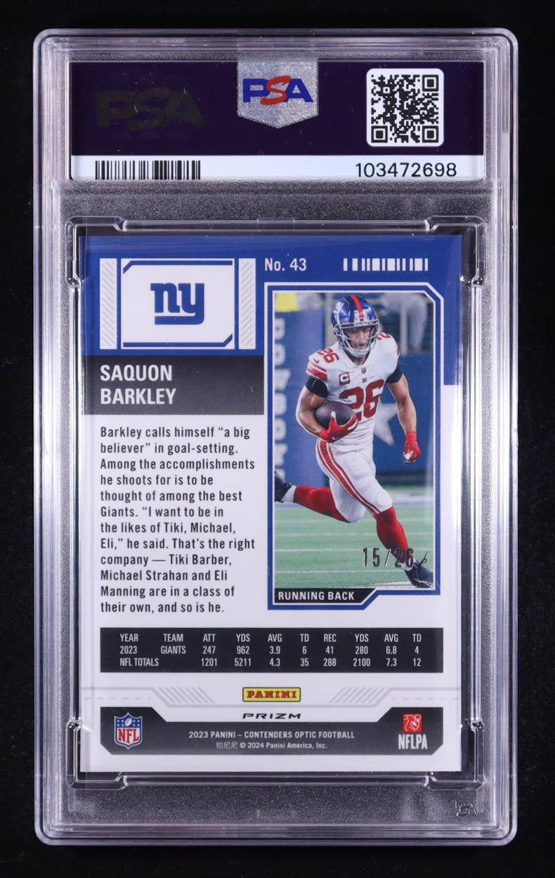 Saquon Barkley 2023 Contenders Optic Purple Pulsar #43 #15/26 (PSA 10) at PristineAuction.com Saquon Barkley 2023 Contenders Optic Purple Pulsar #43 #15/26 (PSA 10) at PristineAuction.com