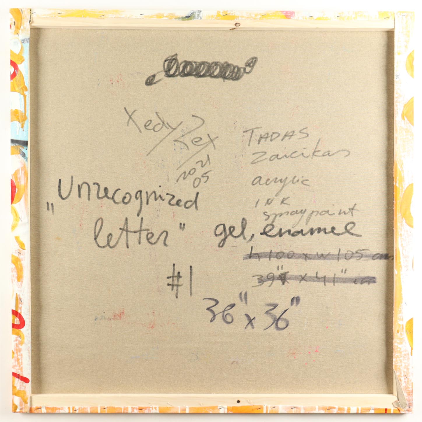"Unrecognized Letter #1" 2021 36x36 Original Painting on Canvas by Tadas Zaicikas | TedyZet (Zaicikas) at PristineAuction.com "Unrecognized Letter #1" 2021 36x36 Original Painting on Canvas by Tadas Zaicikas | TedyZet (Zaicikas) at PristineAuction.com
