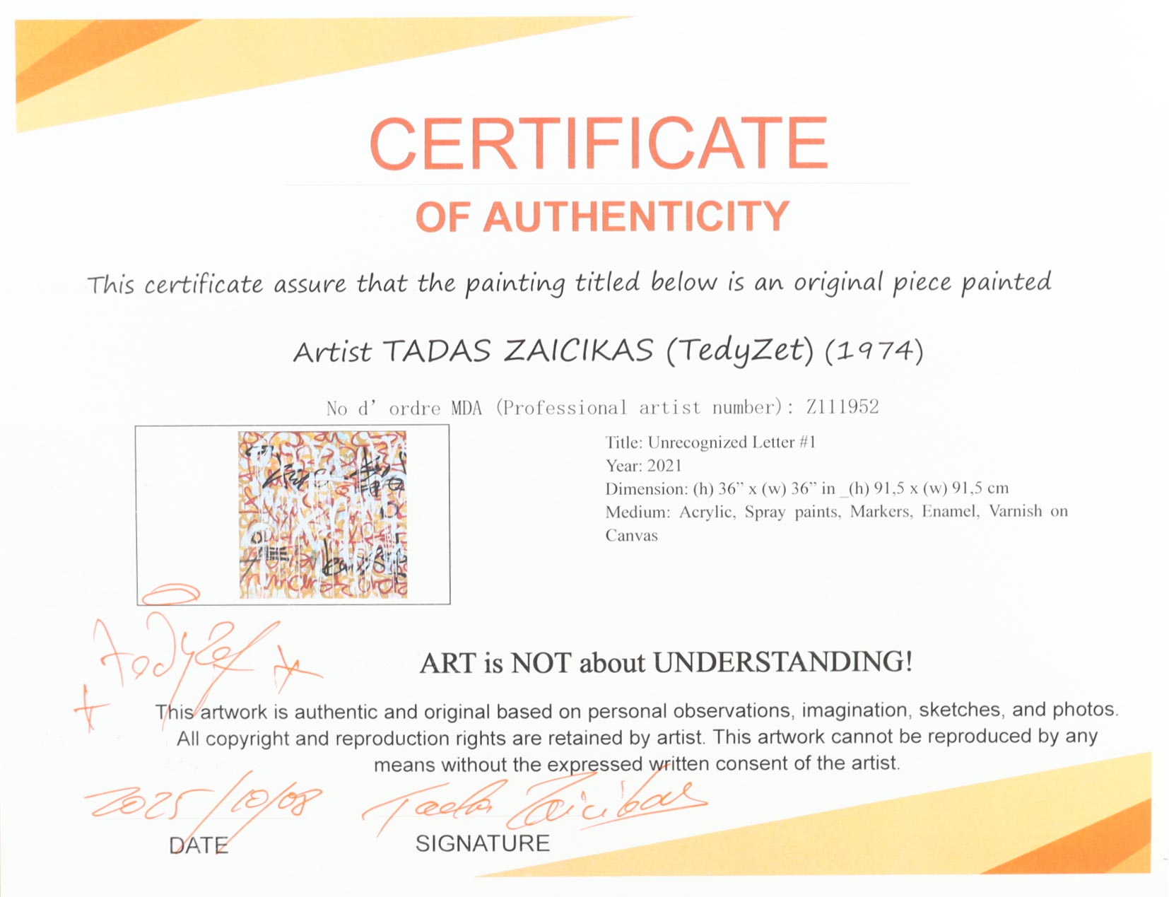 "Unrecognized Letter #1" 2021 36x36 Original Painting on Canvas by Tadas Zaicikas | TedyZet (Zaicikas) at PristineAuction.com "Unrecognized Letter #1" 2021 36x36 Original Painting on Canvas by Tadas Zaicikas | TedyZet (Zaicikas) at PristineAuction.com