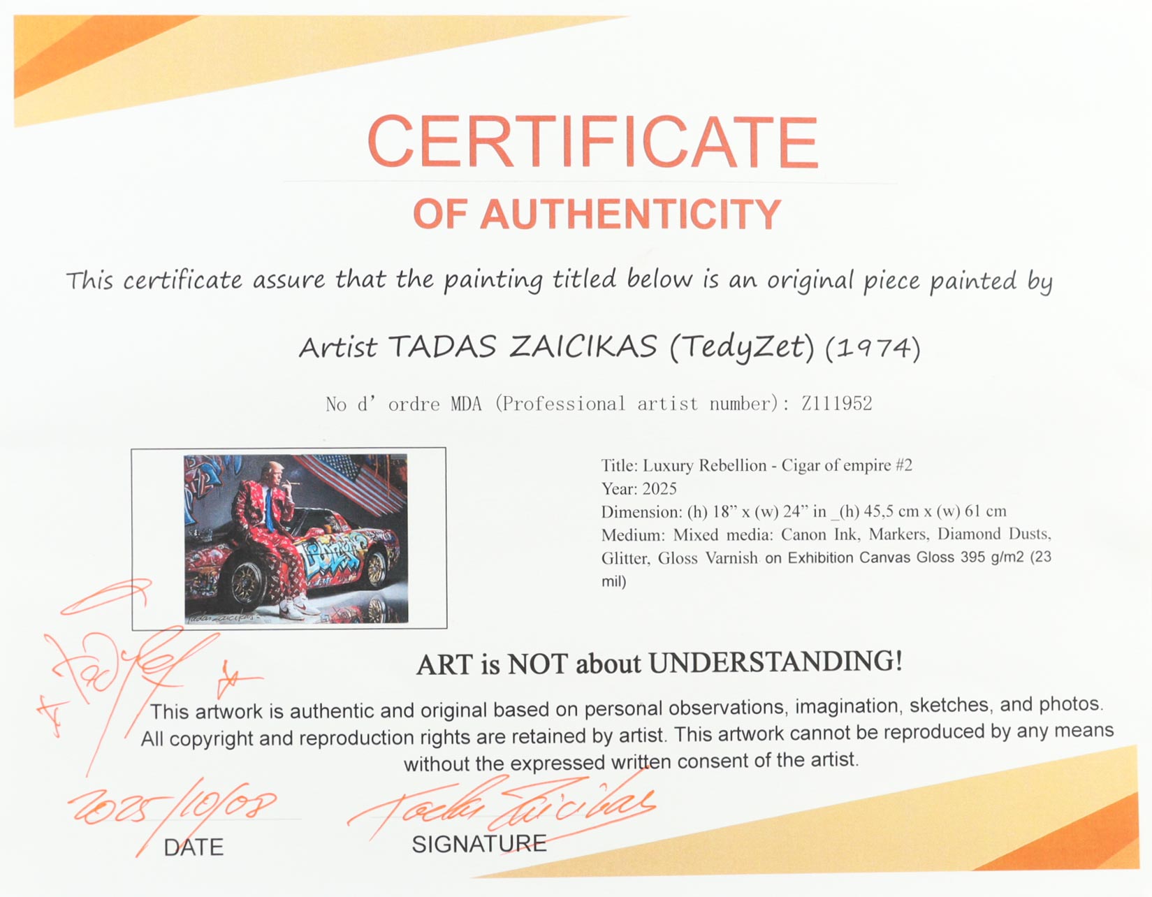 "Luxury Rebellion: Cigar of Empire #2" 2025 18x24 Original Painting on Canvas by Tadas Zaicikas | TedyZet (Zaicikas) at PristineAuction.com "Luxury Rebellion: Cigar of Empire #2" 2025 18x24 Original Painting on Canvas by Tadas Zaicikas | TedyZet (Zaicikas) at PristineAuction.com