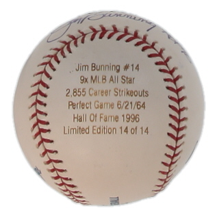Jim Bunning Signed LE OML Career Stat Engraved Baseball Inscribed "HOF 96" (JSA) at PristineAuction.com Jim Bunning Signed LE OML Career Stat Engraved Baseball Inscribed "HOF 96" (JSA) at PristineAuction.com