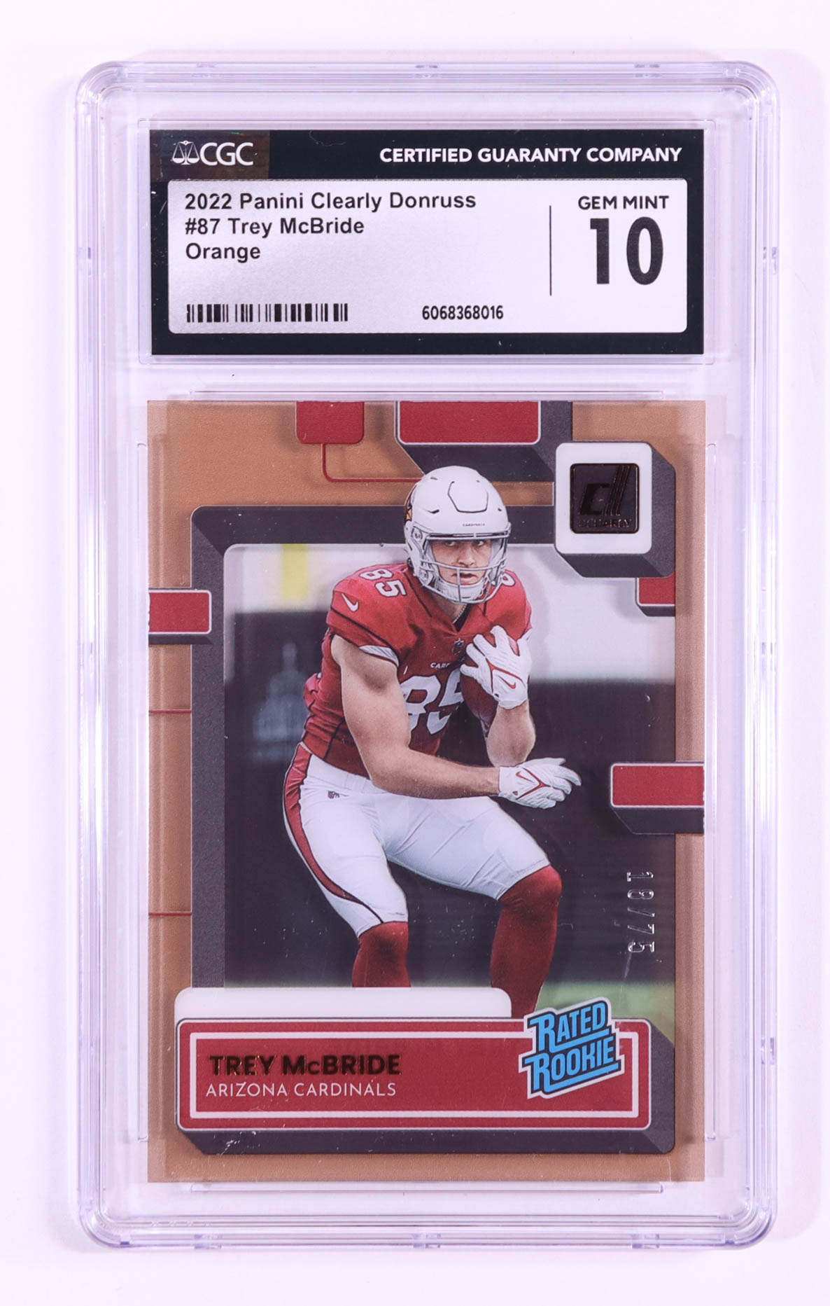 Trey McBride 2022 Clearly Donruss Orange #87 RR RC #18/75 (CGC 10) at PristineAuction.com Trey McBride 2022 Clearly Donruss Orange #87 RR RC #18/75 (CGC 10) at PristineAuction.com