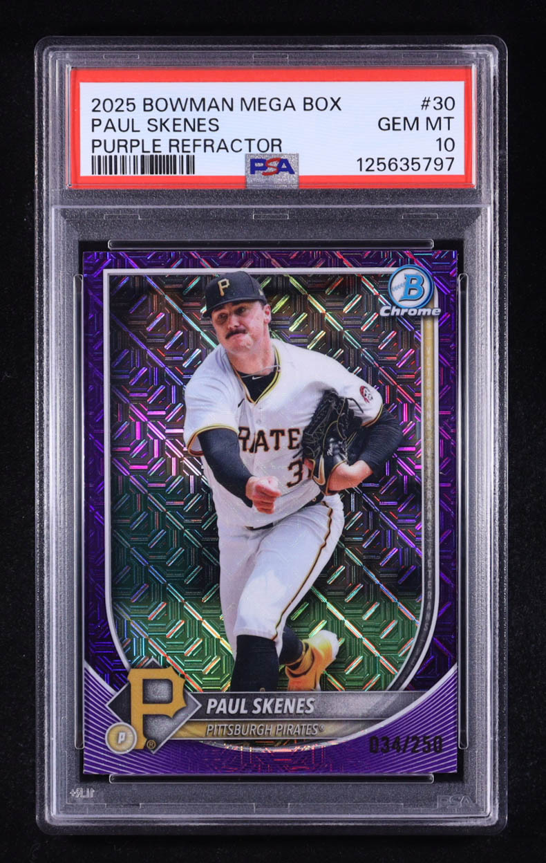 Paul Skenes 2024 Bowman Chrome Mega Box Purple Refractor #30 #34/250 RC (PSA 10) at PristineAuction.com Paul Skenes 2024 Bowman Chrome Mega Box Purple Refractor #30 #34/250 RC (PSA 10) at PristineAuction.com