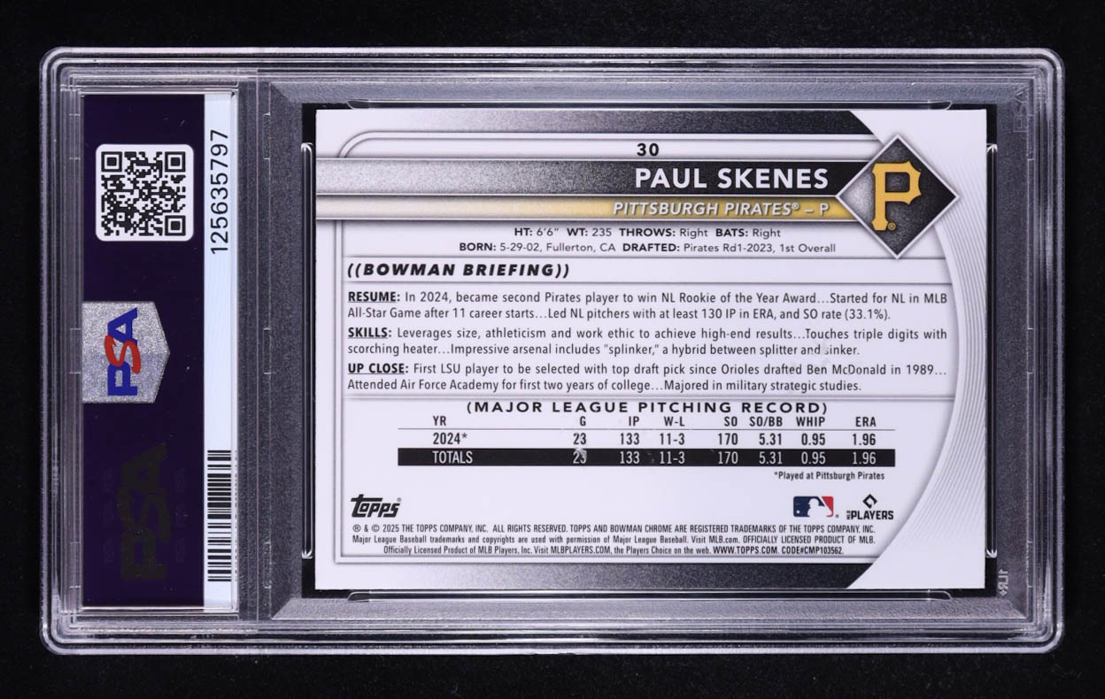 Paul Skenes 2024 Bowman Chrome Mega Box Purple Refractor #30 #34/250 RC (PSA 10) at PristineAuction.com Paul Skenes 2024 Bowman Chrome Mega Box Purple Refractor #30 #34/250 RC (PSA 10) at PristineAuction.com