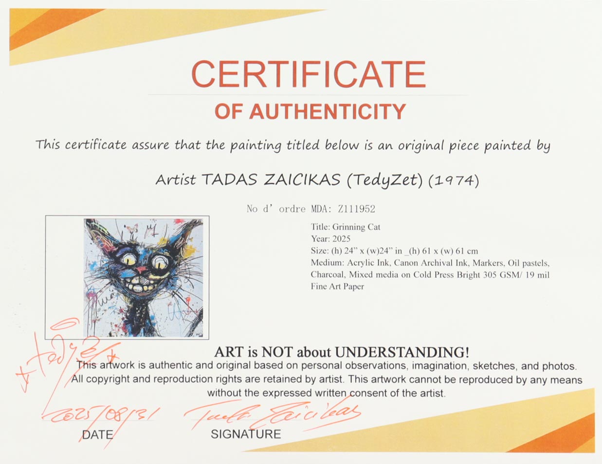 "Grinning Cat" 24x24 2025 Original Mixed Media by Tadas Zaicikas | TedyZet (Zaicikas) at PristineAuction.com "Grinning Cat" 24x24 2025 Original Mixed Media by Tadas Zaicikas | TedyZet (Zaicikas) at PristineAuction.com