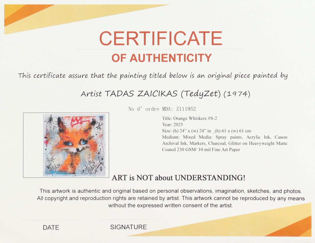 "Orange Whiskers #S-2" 24x24 2025 Original Mixed Media by Tadas Zaicikas | TedyZet (Zaicikas) at PristineAuction.com "Orange Whiskers #S-2" 24x24 2025 Original Mixed Media by Tadas Zaicikas | TedyZet (Zaicikas) at PristineAuction.com