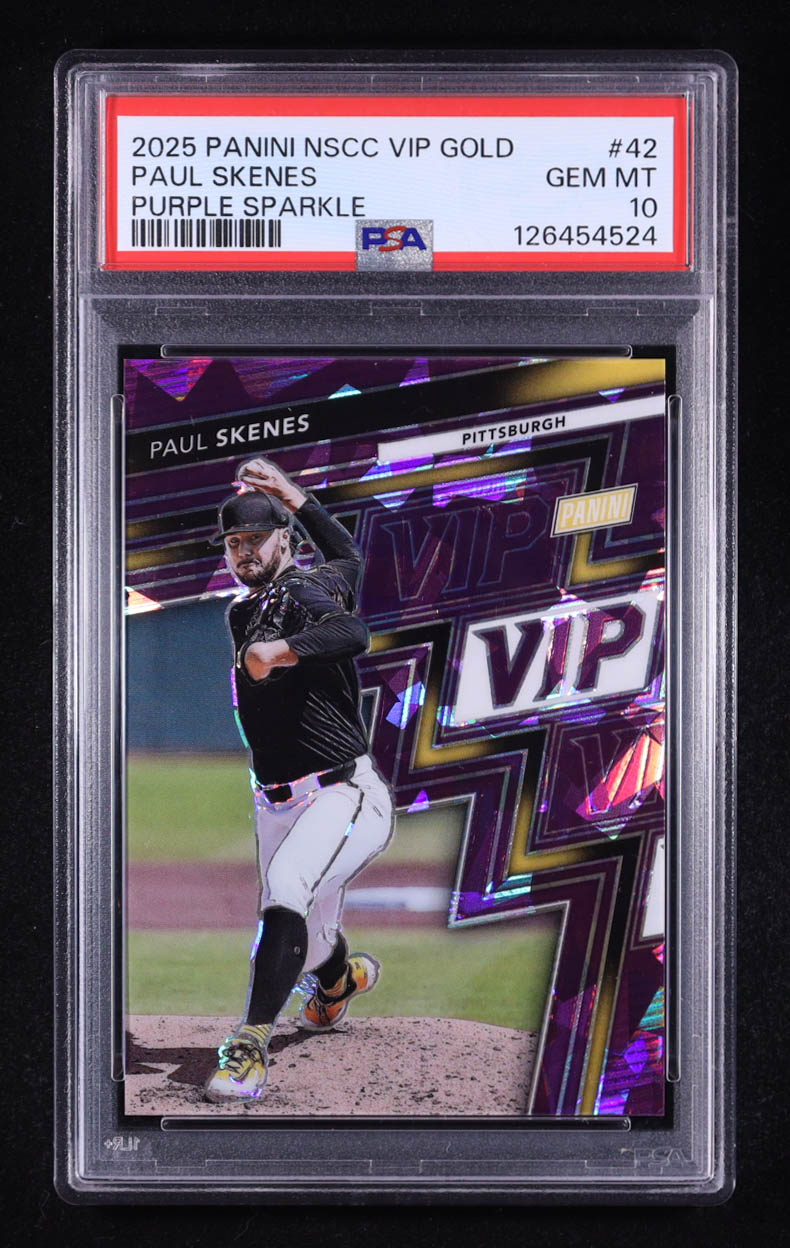 Paul Skenes 2025 Panini NSCC VIP Gold Purple Sparkle #42 #46/50 (PSA 10) at PristineAuction.com Paul Skenes 2025 Panini NSCC VIP Gold Purple Sparkle #42 #46/50 (PSA 10) at PristineAuction.com