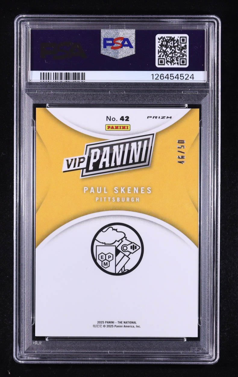Paul Skenes 2025 Panini NSCC VIP Gold Purple Sparkle #42 #46/50 (PSA 10) at PristineAuction.com Paul Skenes 2025 Panini NSCC VIP Gold Purple Sparkle #42 #46/50 (PSA 10) at PristineAuction.com