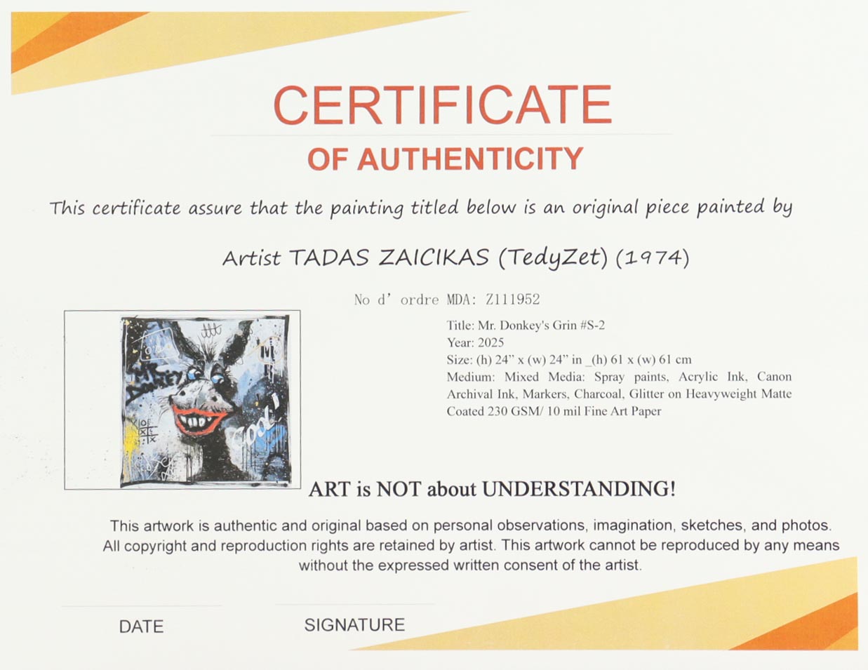 "Mr. Donkey's Grin #S-2" 24x24 2025 Original Mixed Media by Tadas Zaicikas | TedyZet (Zaicikas) at PristineAuction.com "Mr. Donkey's Grin #S-2" 24x24 2025 Original Mixed Media by Tadas Zaicikas | TedyZet (Zaicikas) at PristineAuction.com