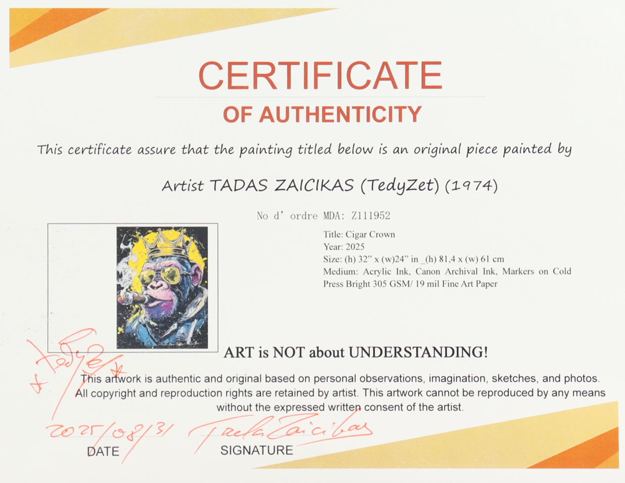 "Cigar Crown" 24x32 2025 Original Mixed Media by Tadas Zaicikas | TedyZet (Zaicikas) at PristineAuction.com "Cigar Crown" 24x32 2025 Original Mixed Media by Tadas Zaicikas | TedyZet (Zaicikas) at PristineAuction.com