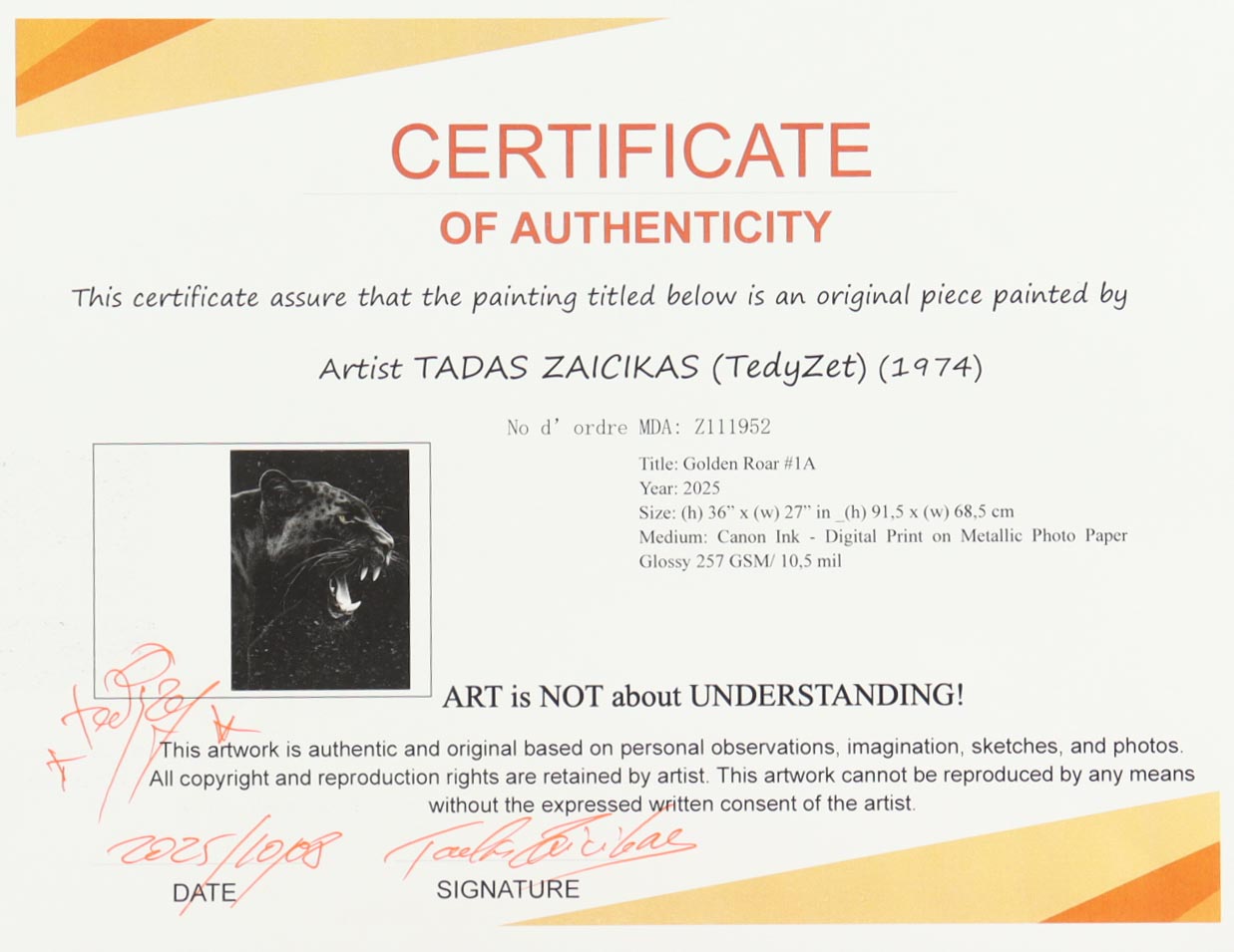 "Golden Roar #1A" 27x36 2025 Print by Tadas Zaicikas | TedyZet (Zaicikas) at PristineAuction.com "Golden Roar #1A" 27x36 2025 Print by Tadas Zaicikas | TedyZet (Zaicikas) at PristineAuction.com