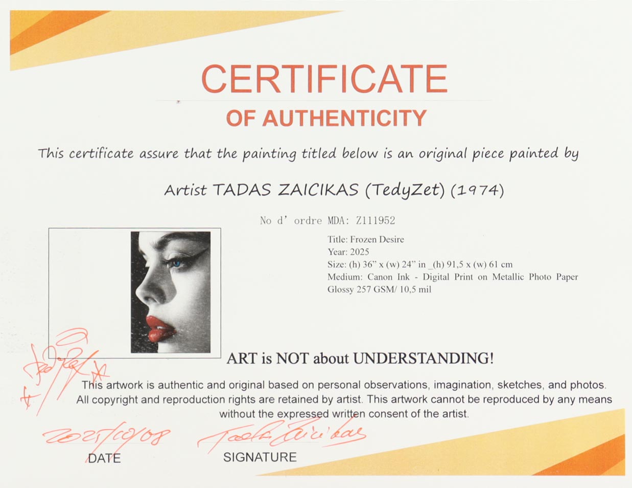 "Frozen Desire" 24x36 2025 Print by Tadas Zaicikas | TedyZet (Zaicikas) at PristineAuction.com "Frozen Desire" 24x36 2025 Print by Tadas Zaicikas | TedyZet (Zaicikas) at PristineAuction.com
