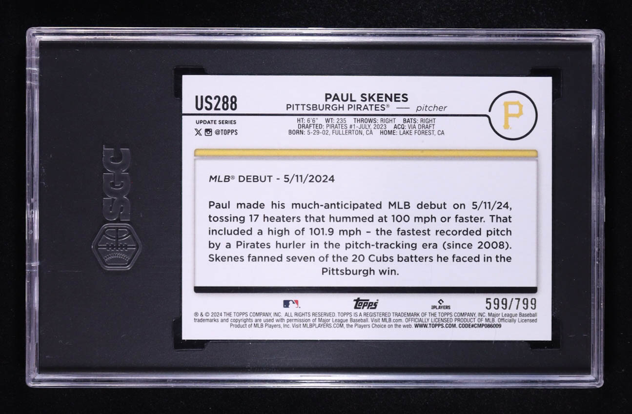 Paul Skenes 2024 Topps Update Purple Foilboard #US288 RC #599/799 (SGC 10) at PristineAuction.com Paul Skenes 2024 Topps Update Purple Foilboard #US288 RC #599/799 (SGC 10) at PristineAuction.com