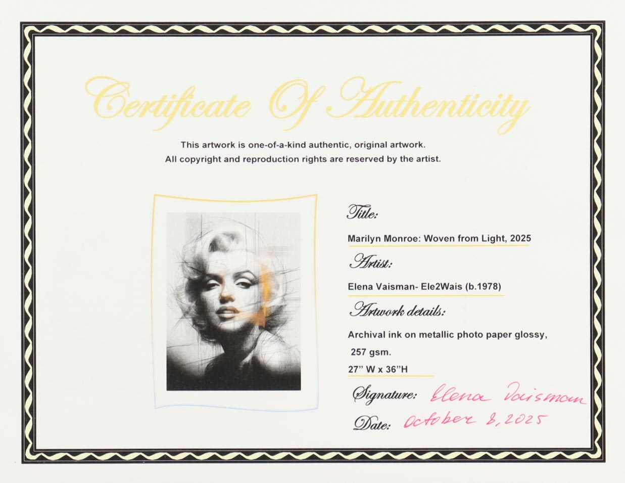 "Marilyn Monroe: Woven from Light" 27x36 2025 Print by Elena Vaisman | Ele2Wais (Vaisman) at PristineAuction.com "Marilyn Monroe: Woven from Light" 27x36 2025 Print by Elena Vaisman | Ele2Wais (Vaisman) at PristineAuction.com
