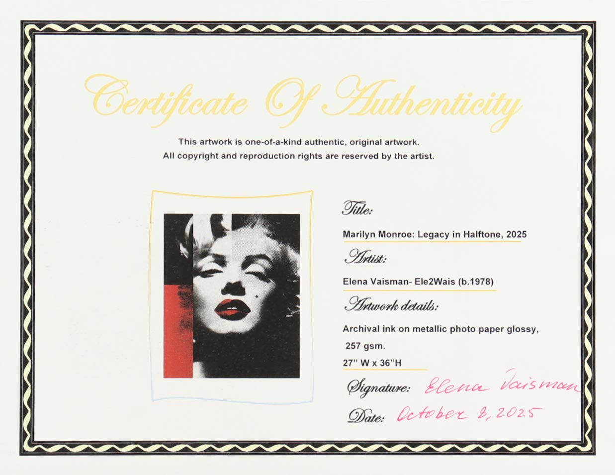 "Marilyn Monroe: Legacy in Halftone" 27x36 2025 Print by Elena Vaisman | Ele2Wais (Vaisman) at PristineAuction.com "Marilyn Monroe: Legacy in Halftone" 27x36 2025 Print by Elena Vaisman | Ele2Wais (Vaisman) at PristineAuction.com