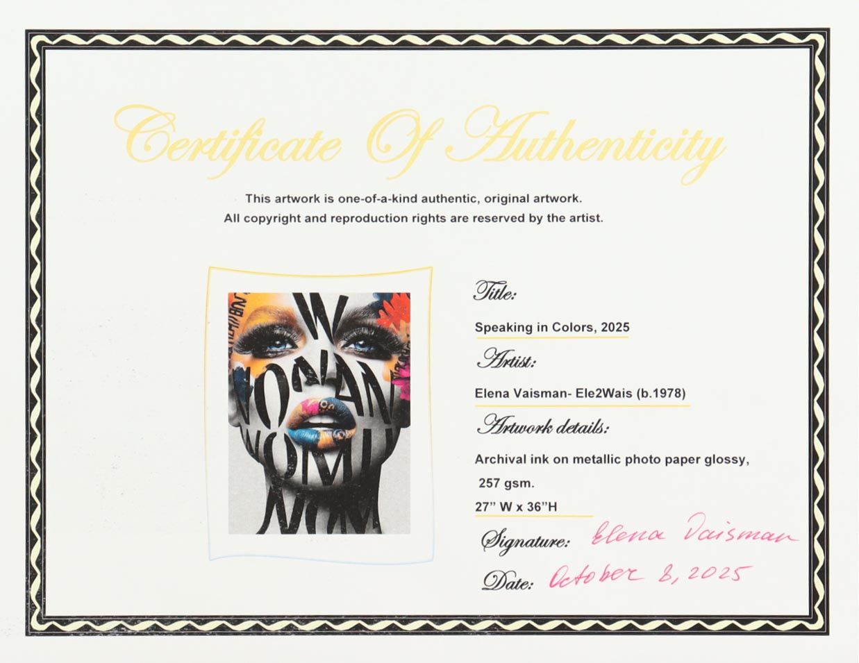 "Speaking in Colors" 27x36 2025 Print by Elena Vaisman | Ele2Wais (Vaisman) at PristineAuction.com "Speaking in Colors" 27x36 2025 Print by Elena Vaisman | Ele2Wais (Vaisman) at PristineAuction.com