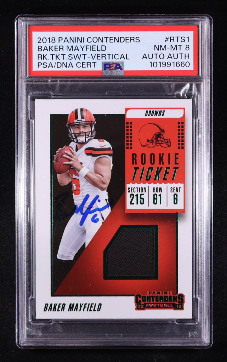 Baker Mayfield Signed 2018 Panini Contenders Rookie Ticket Swatches #1 RC (PSA 8) at PristineAuction.com Baker Mayfield Signed 2018 Panini Contenders Rookie Ticket Swatches #1 RC (PSA 8) at PristineAuction.com