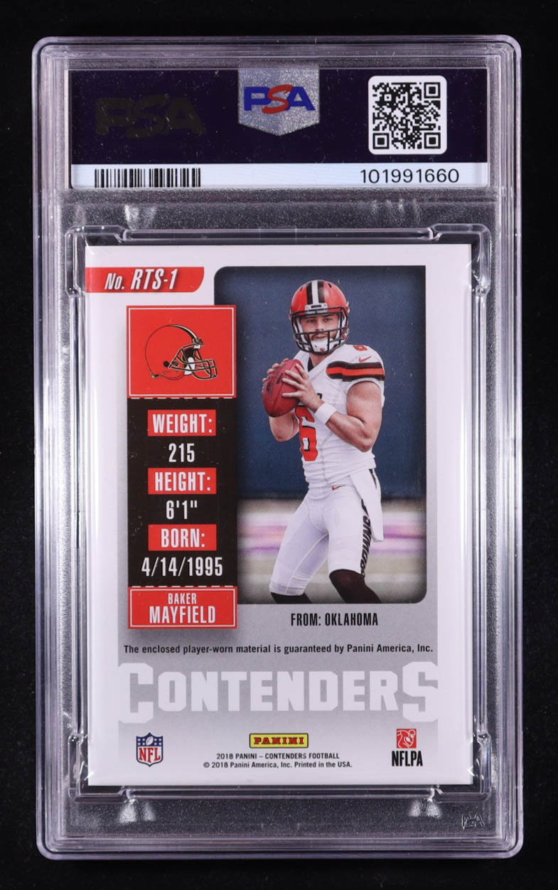 Baker Mayfield Signed 2018 Panini Contenders Rookie Ticket Swatches #1 RC (PSA 8) at PristineAuction.com Baker Mayfield Signed 2018 Panini Contenders Rookie Ticket Swatches #1 RC (PSA 8) at PristineAuction.com