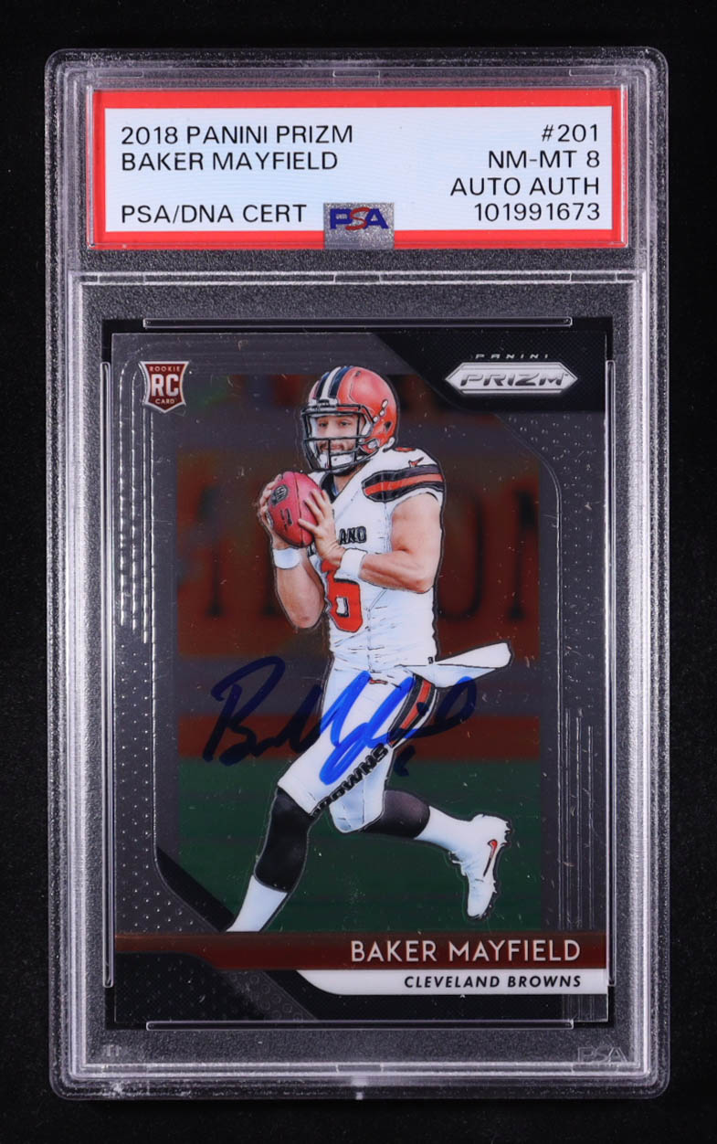 Baker Mayfield Signed 2018 Panini Prizm #201 RC (PSA 8) at PristineAuction.com Baker Mayfield Signed 2018 Panini Prizm #201 RC (PSA 8) at PristineAuction.com