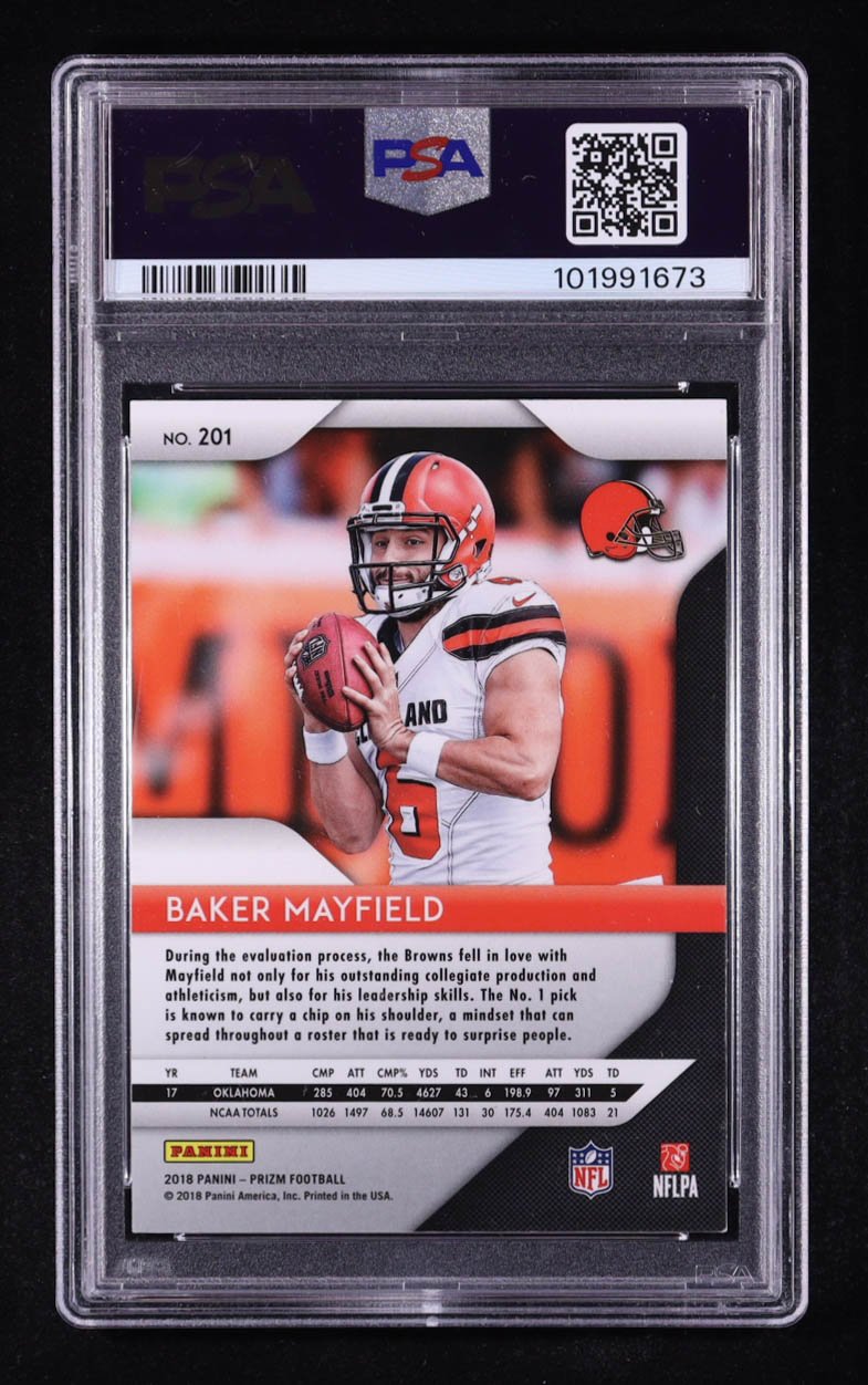 Baker Mayfield Signed 2018 Panini Prizm #201 RC (PSA 8) at PristineAuction.com Baker Mayfield Signed 2018 Panini Prizm #201 RC (PSA 8) at PristineAuction.com
