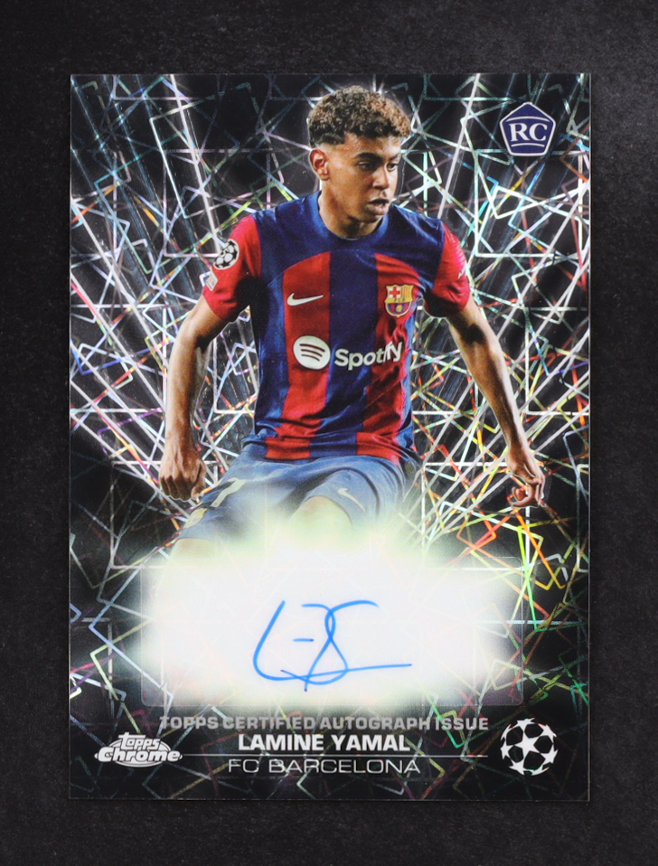 Lamine Yamal 2023-24 Topps Chrome UEFA Club Competitions Black Lazer Autographs #BLALY RC at PristineAuction.com Lamine Yamal 2023-24 Topps Chrome UEFA Club Competitions Black Lazer Autographs #BLALY RC at PristineAuction.com