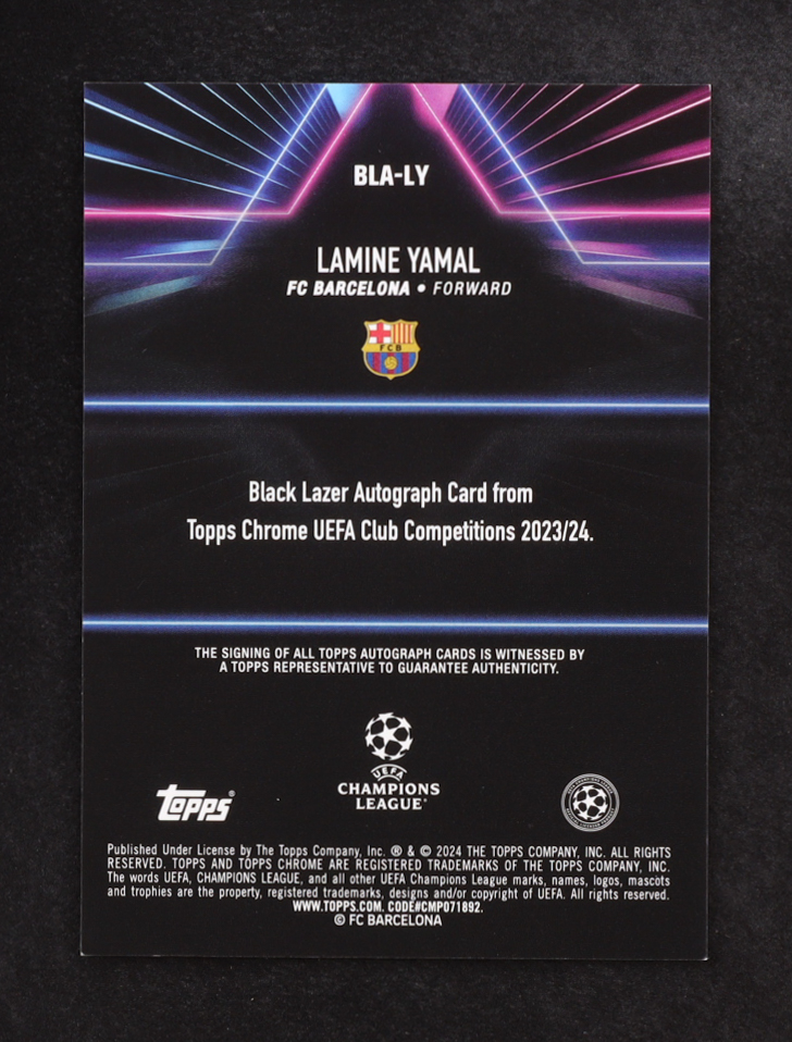 Lamine Yamal 2023-24 Topps Chrome UEFA Club Competitions Black Lazer Autographs #BLALY RC at PristineAuction.com Lamine Yamal 2023-24 Topps Chrome UEFA Club Competitions Black Lazer Autographs #BLALY RC at PristineAuction.com