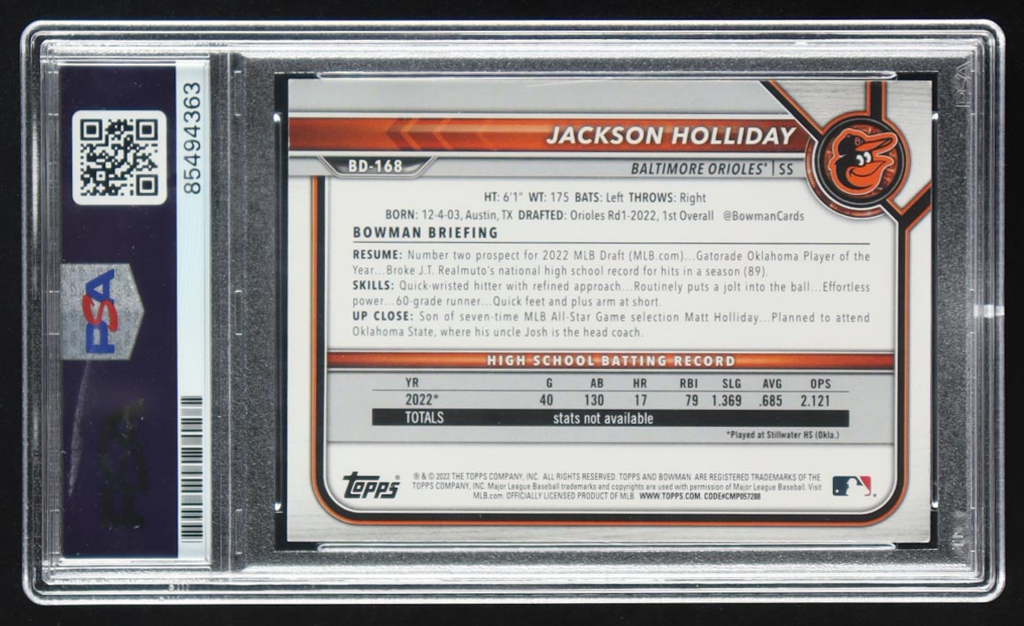 Jackson Holliday Signed 2022 Bowman Draft #BD168 RC (PSA) at PristineAuction.com Jackson Holliday Signed 2022 Bowman Draft #BD168 RC (PSA) at PristineAuction.com