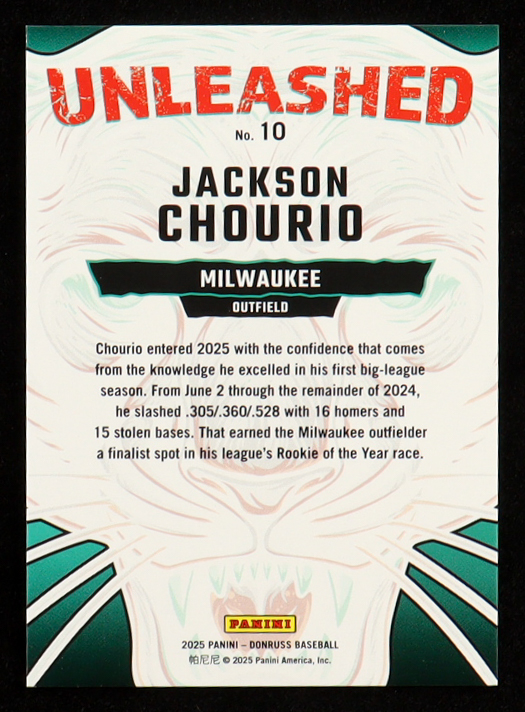 Jackson Chourio 2025 Donruss Unleashed Holo #10 #121/199 at PristineAuction.com Jackson Chourio 2025 Donruss Unleashed Holo #10 #121/199 at PristineAuction.com