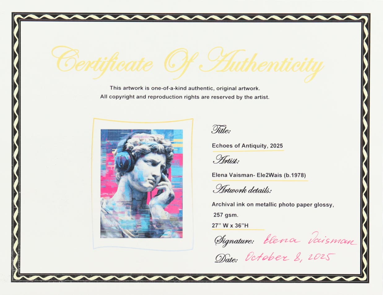 "Echoes of Antiquity" 27x36 2025 Print by Elena Vaisman | Ele2Wais (Vaisman) at PristineAuction.com "Echoes of Antiquity" 27x36 2025 Print by Elena Vaisman | Ele2Wais (Vaisman) at PristineAuction.com