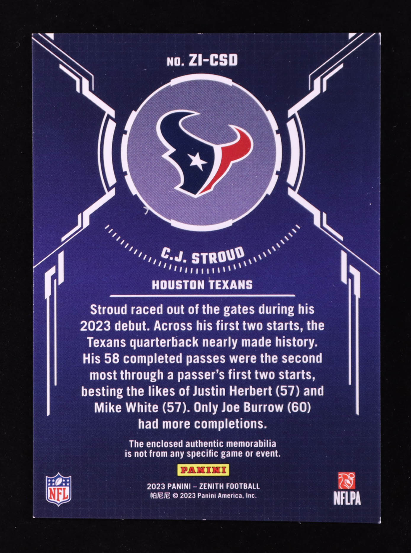 CJ Stroud 2023 Zenith Zoned In Jerseys #2 RC at PristineAuction.com CJ Stroud 2023 Zenith Zoned In Jerseys #2 RC at PristineAuction.com