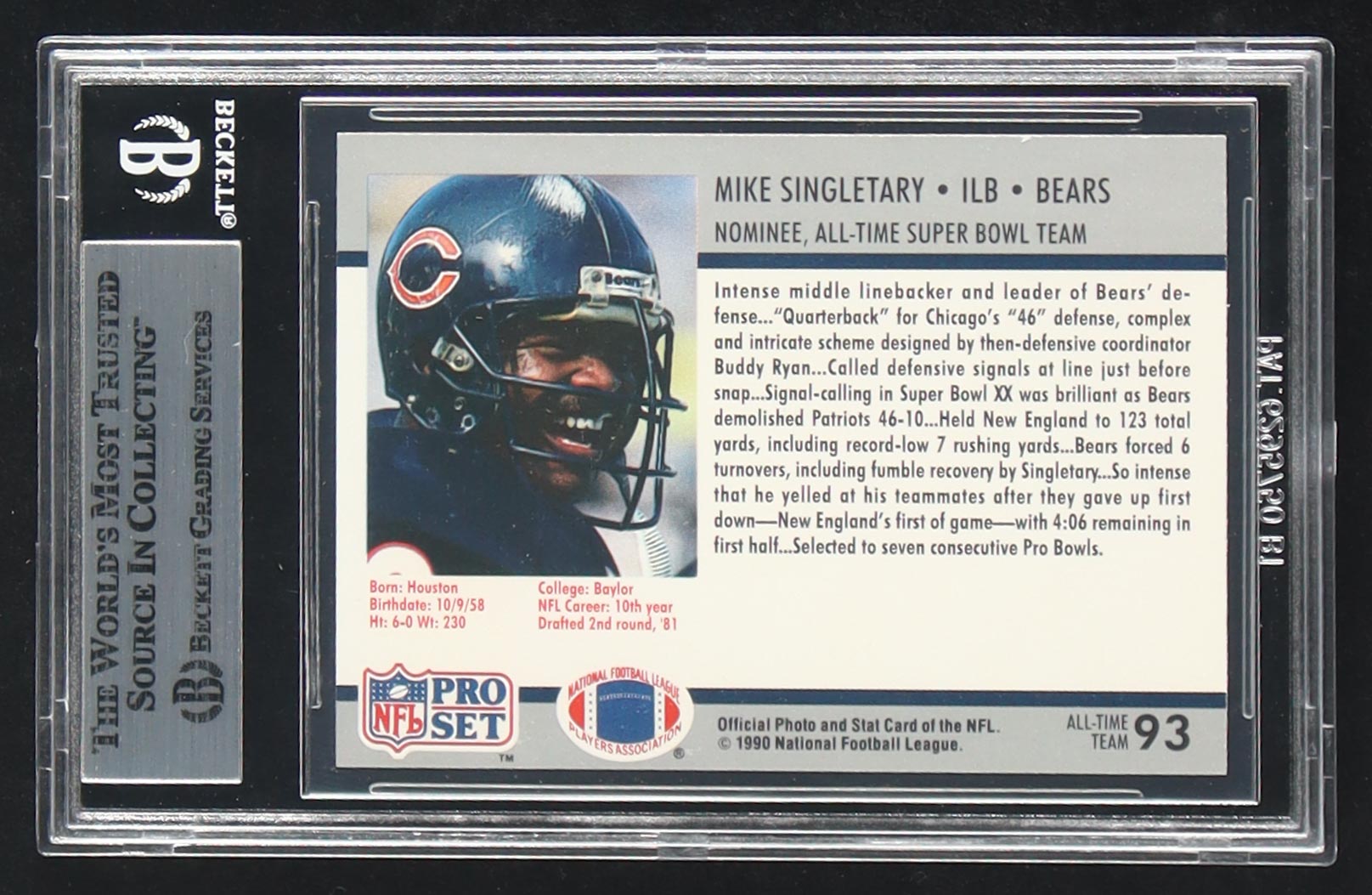Mike Singletary Signed 1990-91 Pro Set Super Bowl 160 #93 (BGS) at PristineAuction.com Mike Singletary Signed 1990-91 Pro Set Super Bowl 160 #93 (BGS) at PristineAuction.com