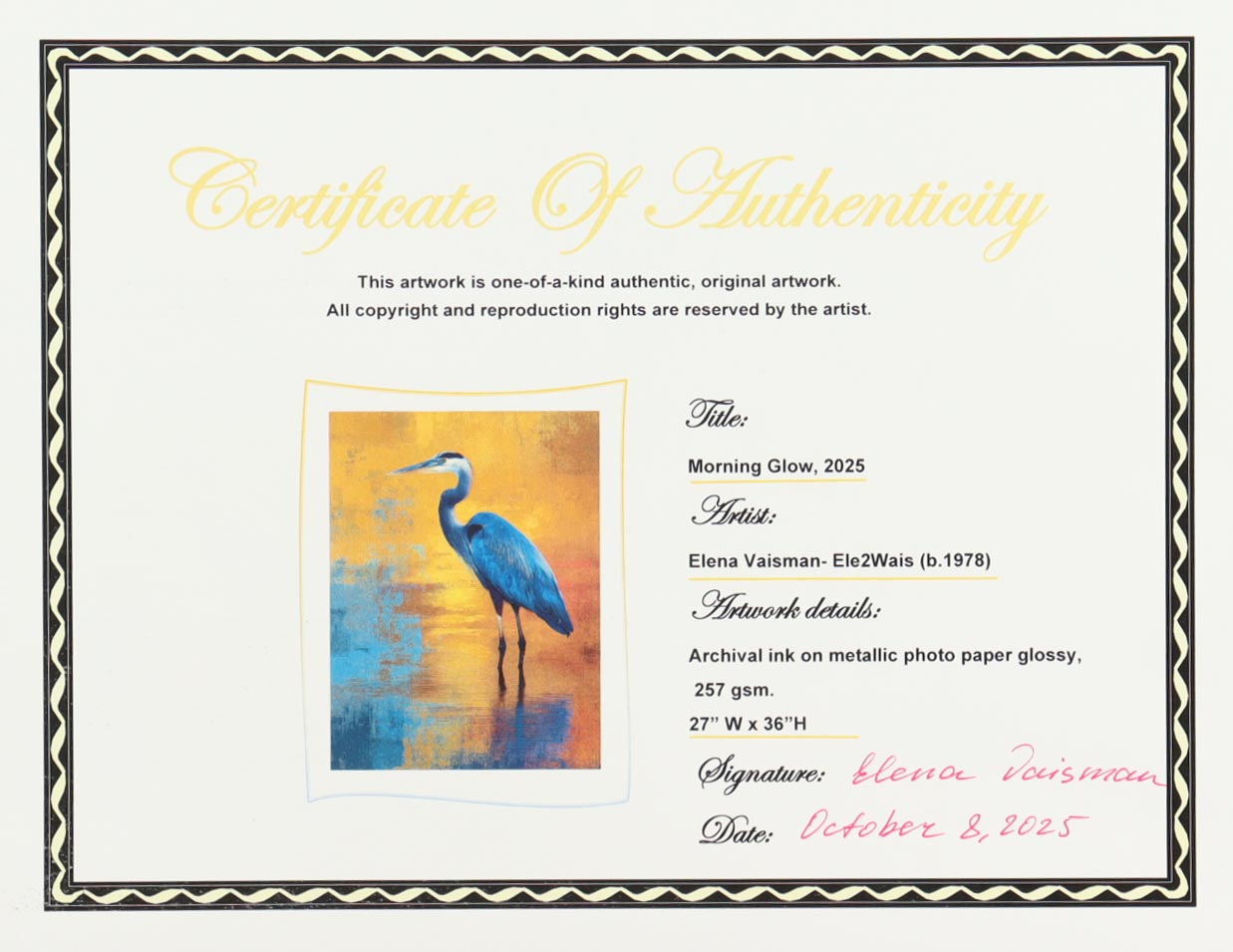 "Morning Glow" 27x36 2025 Print by Elena Vaisman | Ele2Wais (Vaisman) at PristineAuction.com "Morning Glow" 27x36 2025 Print by Elena Vaisman | Ele2Wais (Vaisman) at PristineAuction.com