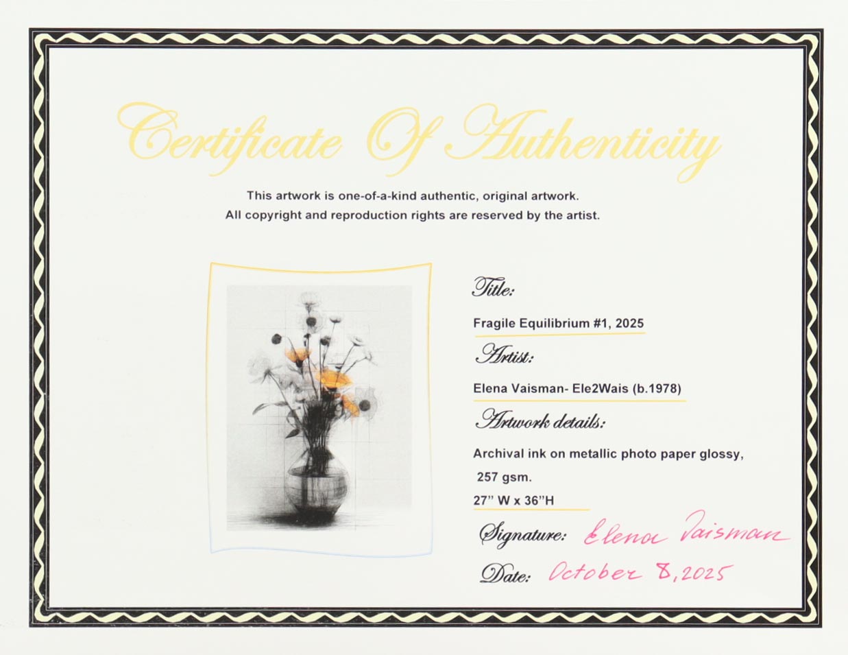 "Fragile Equilibrium #1" 27x36 2025 Print by Elena Vaisman | Ele2Wais (Vaisman) at PristineAuction.com "Fragile Equilibrium #1" 27x36 2025 Print by Elena Vaisman | Ele2Wais (Vaisman) at PristineAuction.com