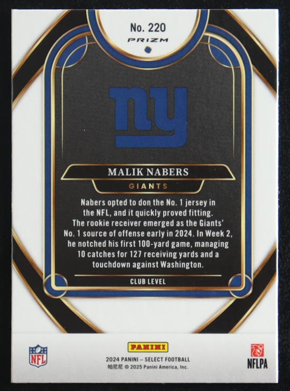 Malik Nabers 2024 Panini Select Club Red & Yellow Shock Prizm #220 RC at PristineAuction.com Malik Nabers 2024 Panini Select Club Red & Yellow Shock Prizm #220 RC at PristineAuction.com