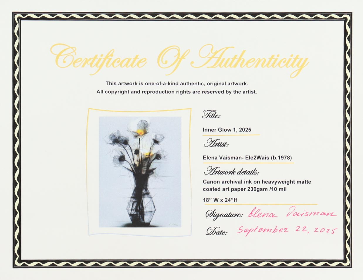 "Inner Glow #1" 18x24 2025 Print by Elena Vaisman | Ele2Wais (Vaisman) at PristineAuction.com "Inner Glow #1" 18x24 2025 Print by Elena Vaisman | Ele2Wais (Vaisman) at PristineAuction.com