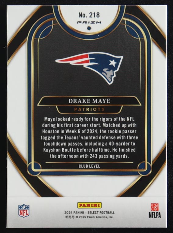 Drake Maye 2024 Panini Select Club Level Red & Yellow Shock Prizm #218 RC at PristineAuction.com Drake Maye 2024 Panini Select Club Level Red & Yellow Shock Prizm #218 RC at PristineAuction.com